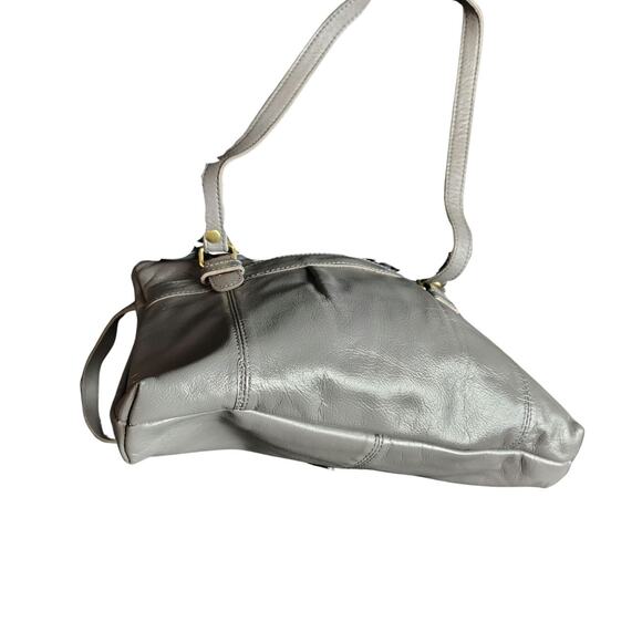 Leather Vintage Gray Pleated Shoulder Bag Two Handles Zip Top Purse Handbag - Picture 5 of 8